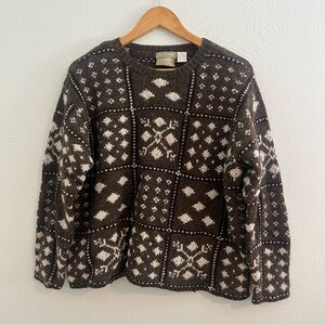 Vintage Liz Claiborne Wool Sweater Hand Knit Shetland Fair Isle Brown White Sz M